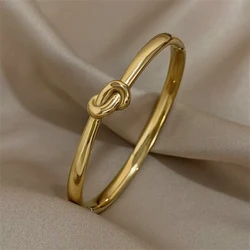 Gold PVD Plated Stainless Steel Women's Luxury Knot Bangle Bracelet - Glossy Finish, Waterproof Party Jewelry Gift (BR26Y0224)