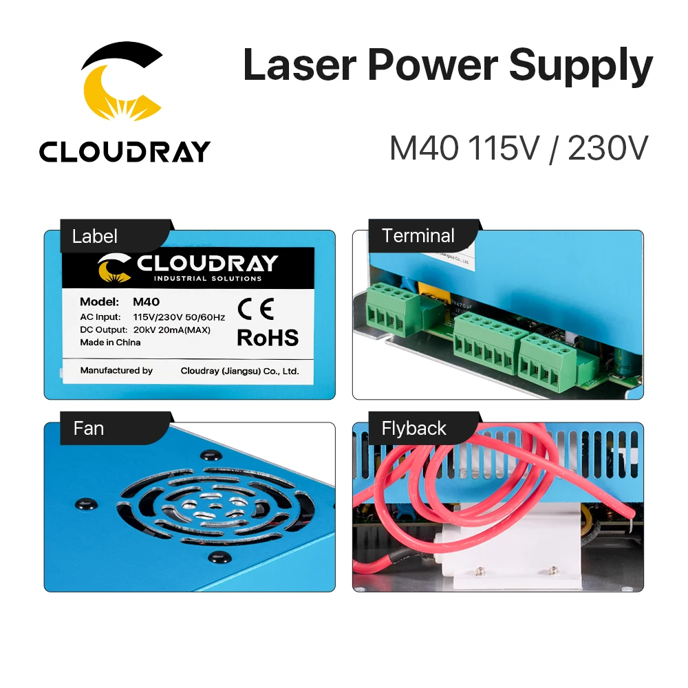 Cloudray 40W CO2 Laser Power Supply M40 115V/230V for Laser Tube Engraving Cutting Machine Model A