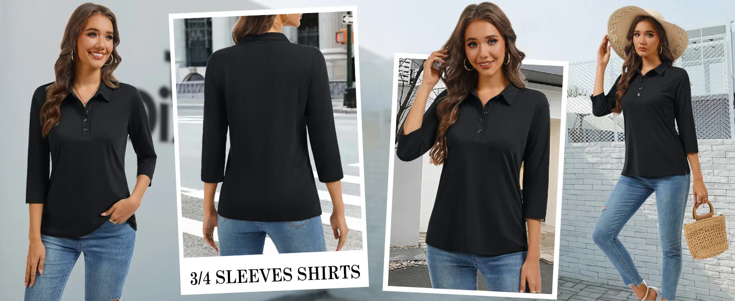 TACVASEN Women's 3/4 Sleeve Polo Shirts V Neck Collared Tops Cotton Blend Soft Golf Work Casual T-Shirts Casual Business Tops 11 Sfa987a8dce2e4964867c75a8120c89bf7