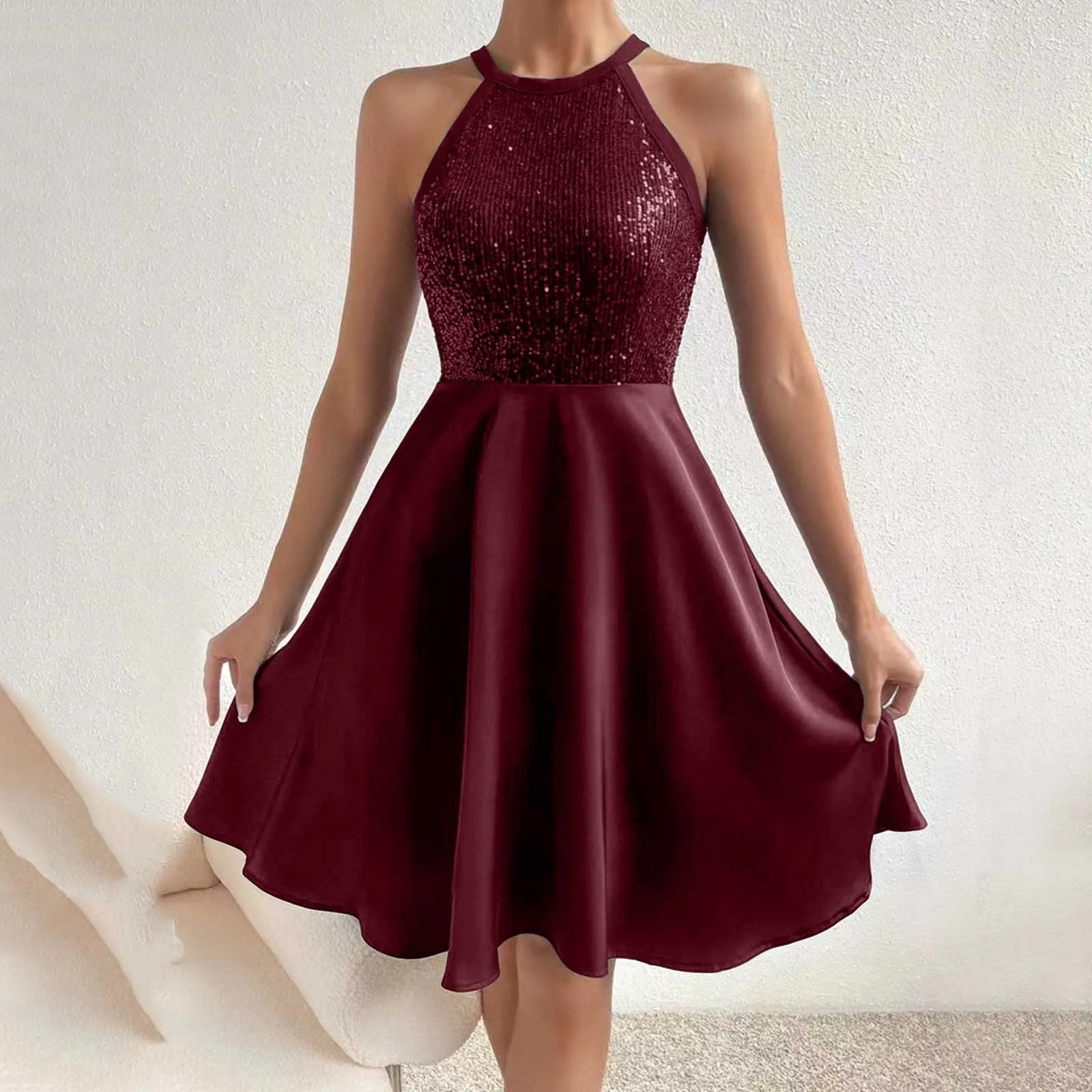 

Women Elegant Sequin Lace Patchwork With Sash Dresses Cocktail Wedding Party Vintage Burgundy Color Flare Dress Prom Vestidos