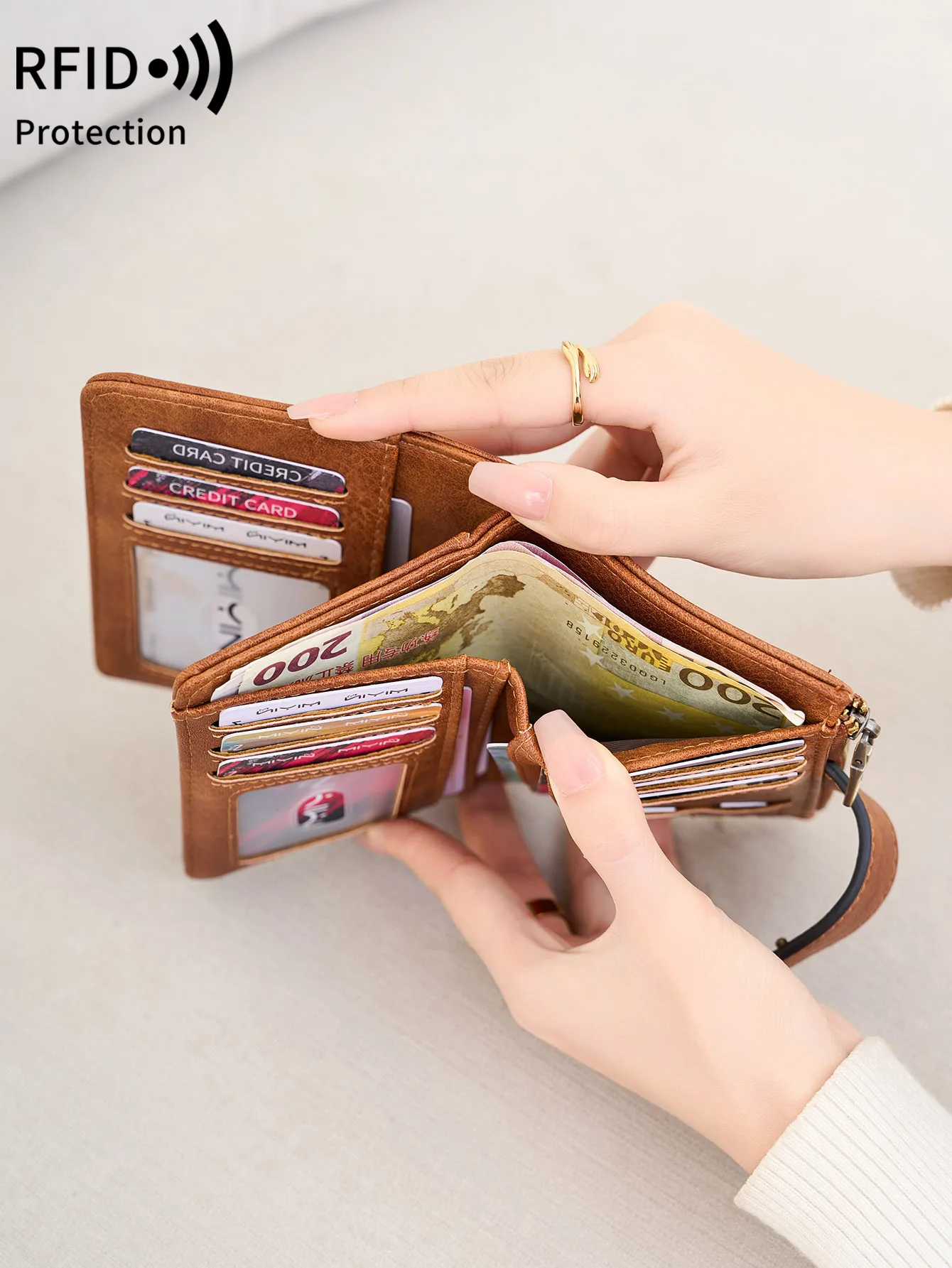 Vintage-Inspired RFID-Blocking Women's Wallet - Elegant Trifold Coin Purse with Zipper, Compact Organizer