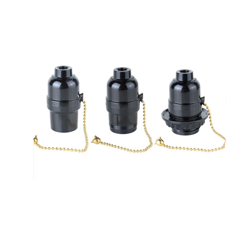 E26 Pull Chain Bakelite Threaded Lamp Socket E27 Light Bulb Socket Adapter Black 1pcs