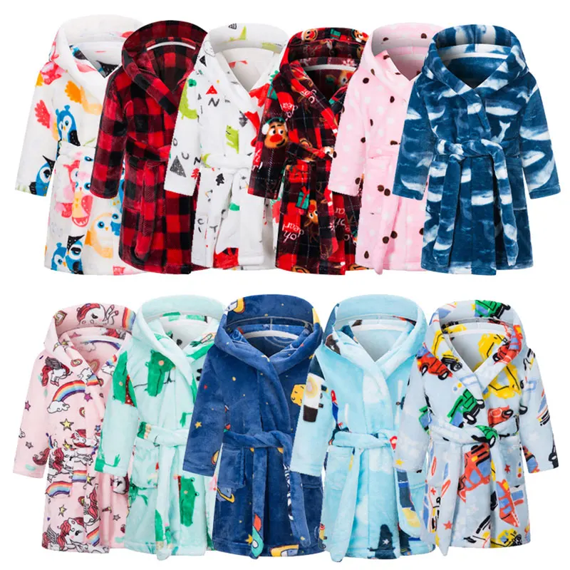 Cartoon Bathrobe For Children Flannel Long Sleeve Hooded Kids Clothes Boys Robe Spring Autumn Winter Baby Bathrobe 2-15 Years