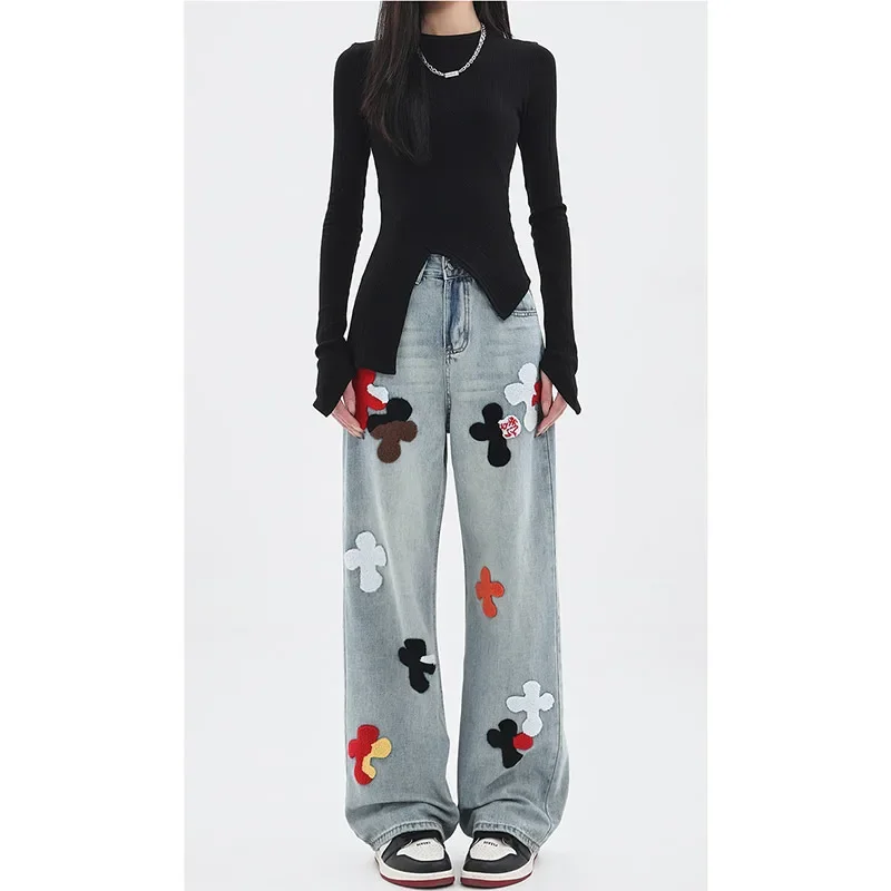 Casual Elegant Flowers Print High Waist Pants High Street Style Blue Straight Jeans Women's Wide Leg Baggy Y2K Denim Trouser
