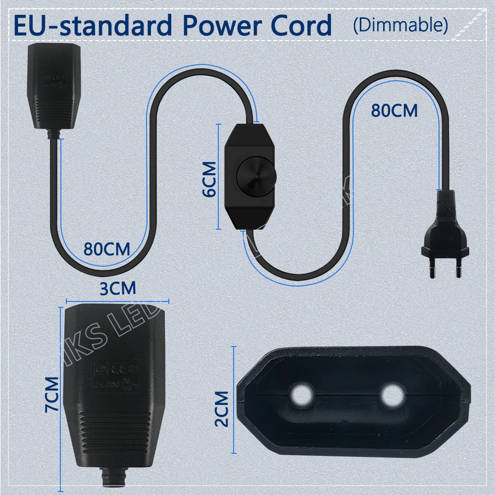 1/2팩 유럽형 LED 스위칭 전원 코드 소켓, 2핀 플랫 EU 플러그, 무소음 LED 조광기, 총 길이 1.8M, 흑백
