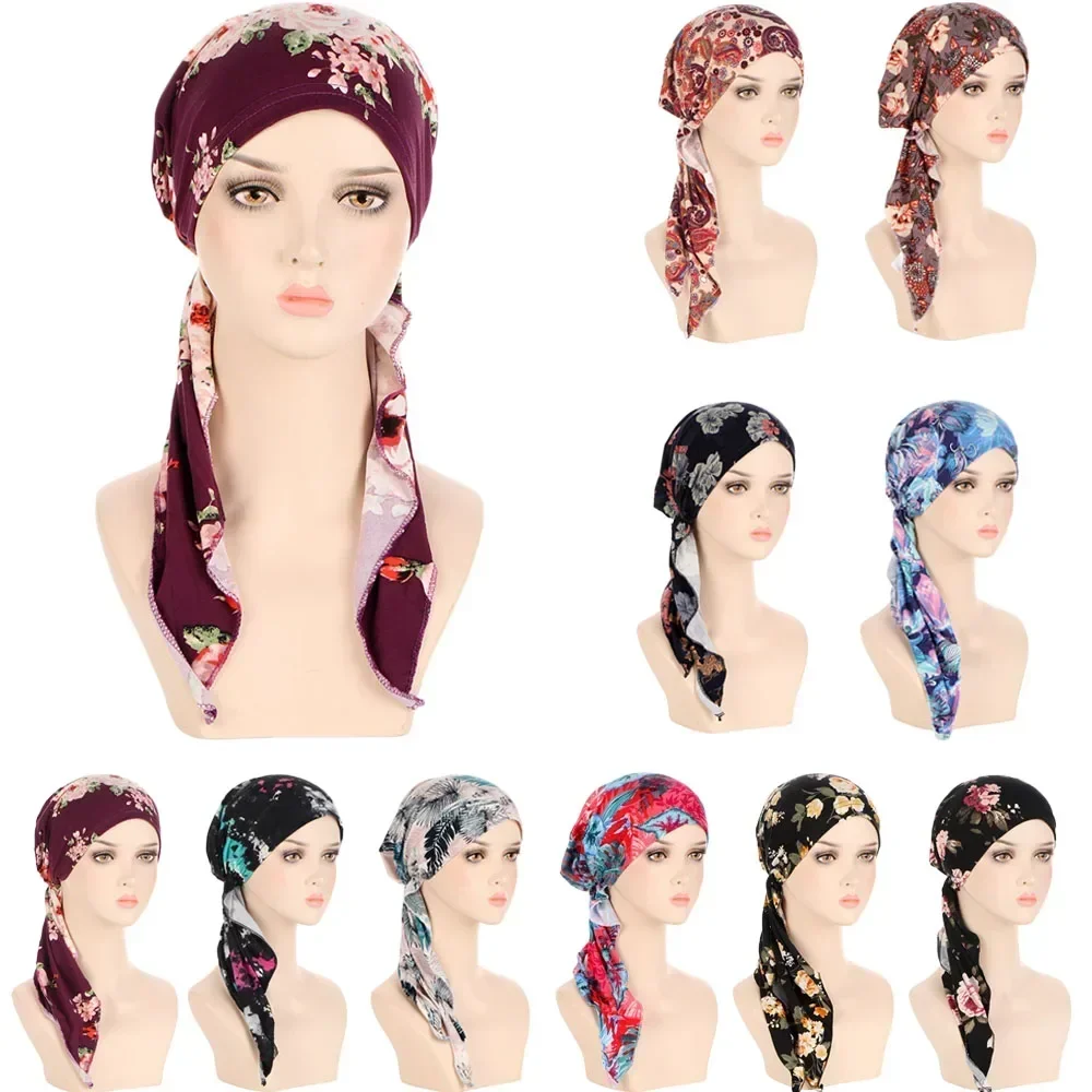 이슬람 여성 머리 스카프 히잡 화학 모자 터번 사전 묶인 모자를 쓰고 있죠 두건 암 탈모 머리 스카프 머리 랩 스트레치 모자 히잡