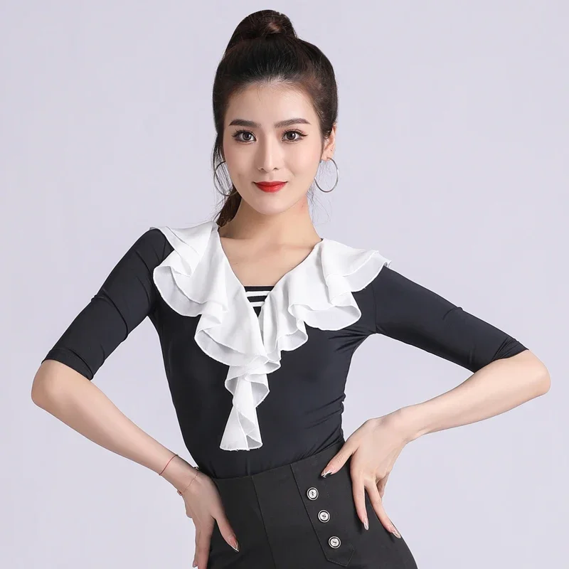 

Latin dancer tops new clothing V-neck ruffles mid-sleeves practice dance clothes modern national standard dance performances