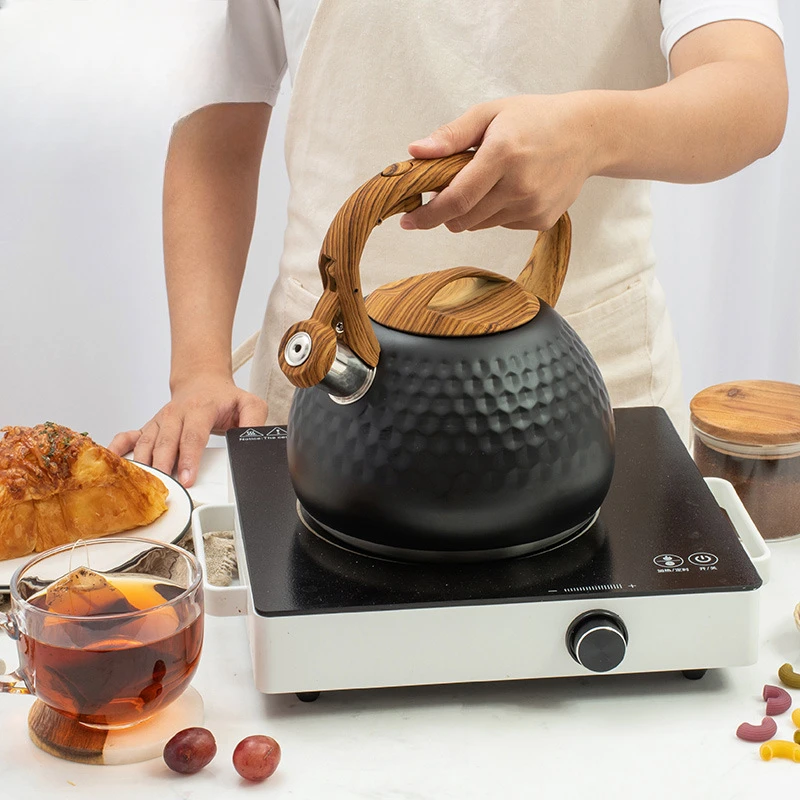 Whistling Kettle Camping Kettle for Gas Stove 2.8L Black Stainless Steel Teapot Teapots to Boil Water Boiling Induction Cooker