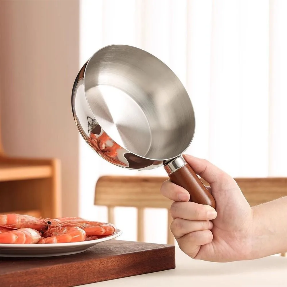 High Quality Stainless Steel Complementary Food Pot Silver Bowl Small Cookware Wood Ball Handle Round Milk Pan Universal