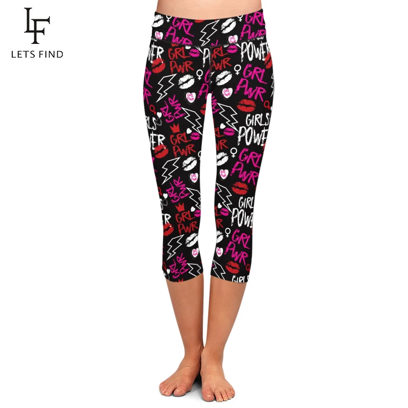 LETSFIND Summer New Women  Capri Leggings High Waist Letters and Lips Print Sexy Mid-Calf Stretch Leggings