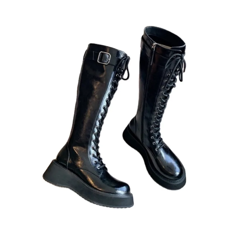 

New Arrival Classic Handmade Height-increasing Platform Midcalf Boots Thick Heel Round Toe Laceup Knee High Riding Women's Boots