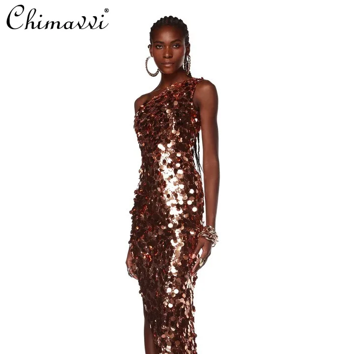 

American Style Sexy Oblique Shoulder Gold Sequins Sleeveless Backless High Waist Split Irregular Sheath Maxi Evening Dress Women