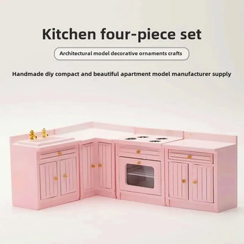 Squisito set di mobili da cucina e lavello per casa delle bambole in miniatura 1:12, tavolo da cucina e modelli alimentari in miniatura di betulla
