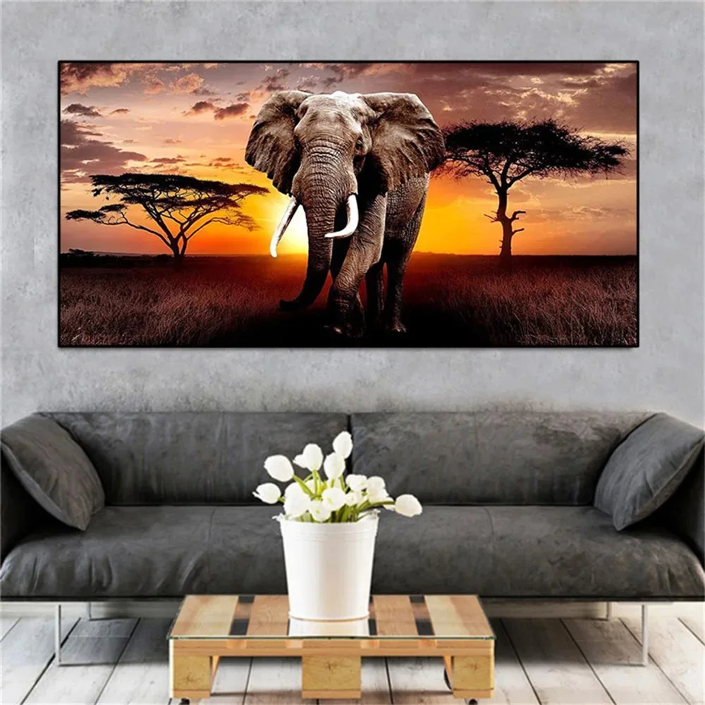 

Large Diamond Painting Full Square Round 5D DIY Walking African Elephant Sunset Landscape Mosaic Cross Stitch Best Gift Y1345