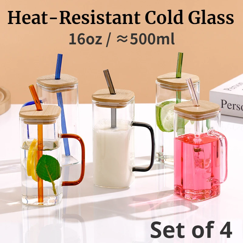 

Glass Cups with Bamboo Lids&Straw 4pcs Set,16oz Iced Coffee Glasses,Drinking Cute Tumbler Cups,Ideal for Tea,Juice,Soda,Cocktail