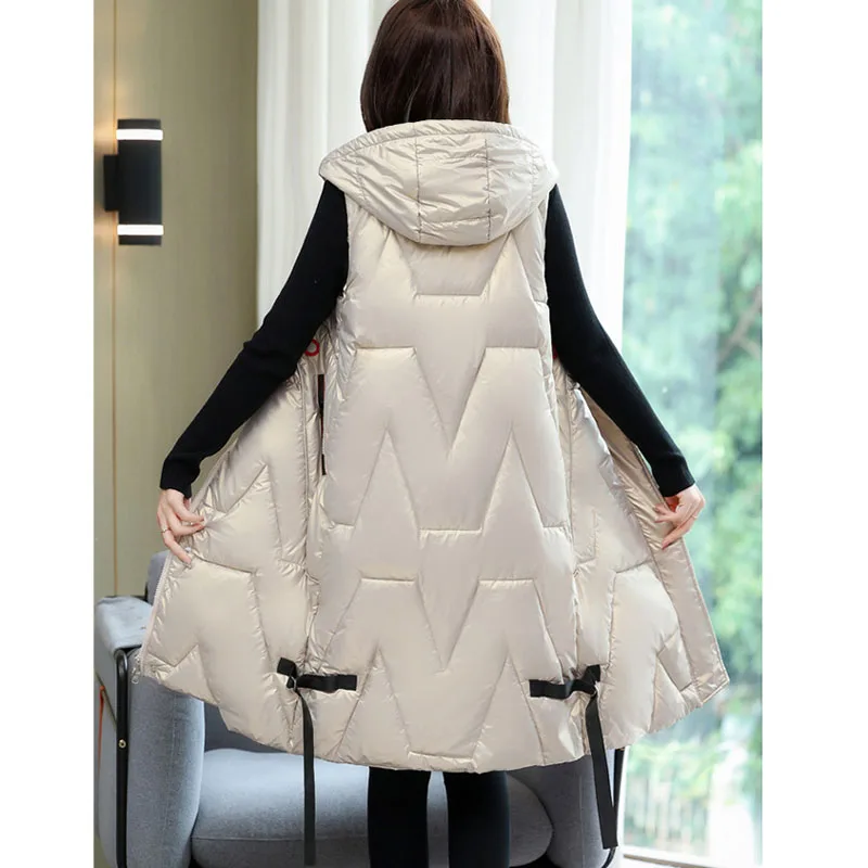Snow Wear Warm Long Waistcoat Women Winter Vest Jacket Hooded Outerwear Female Glossy Parka Sleeveless Jacket Mujer Coats S-5XL