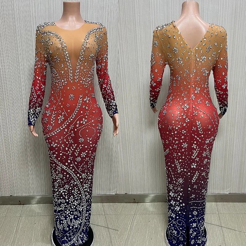 

Shiny Gradient Rhinestones Dress Long Sleeves Prom Dress Evening Dresses Women Birthday Celebrate Costumes Rave Outfit XS5693