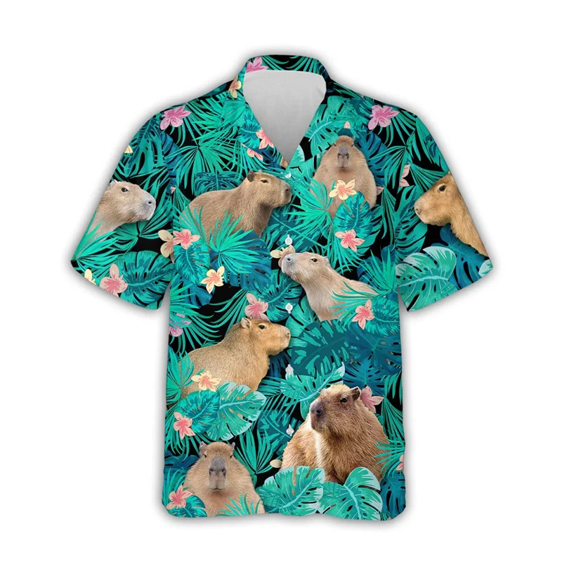 thumbnail image 1 of Camisetas con gráficos de animales lindos de capibara para hombres, ropa con impresión 3D, camisa hawaiana de playa, camisetas de manga corta Y2K, blusas con solapa, 1 of 5