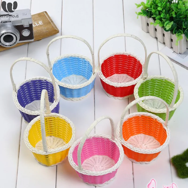 Plastic Rattan Woven Blue Easter Egg Basket Round Storage Basket Home Gift