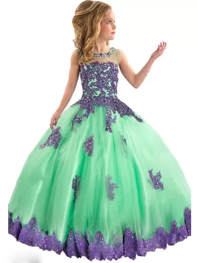 

Ball Gown Girls Pageant Dresses Jewel Neck Lace Applique Glitz Pageant Floor Length Flower Girls Dresses For Children Prom