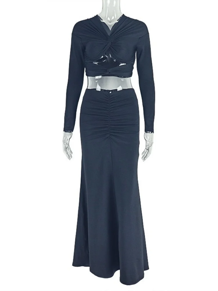 Wmstar Two Piece Set Women Wholesale A Unique Solid Color Pleated Cut Out with A Crop Top A Fitted Long Sleeved V Neck Suit