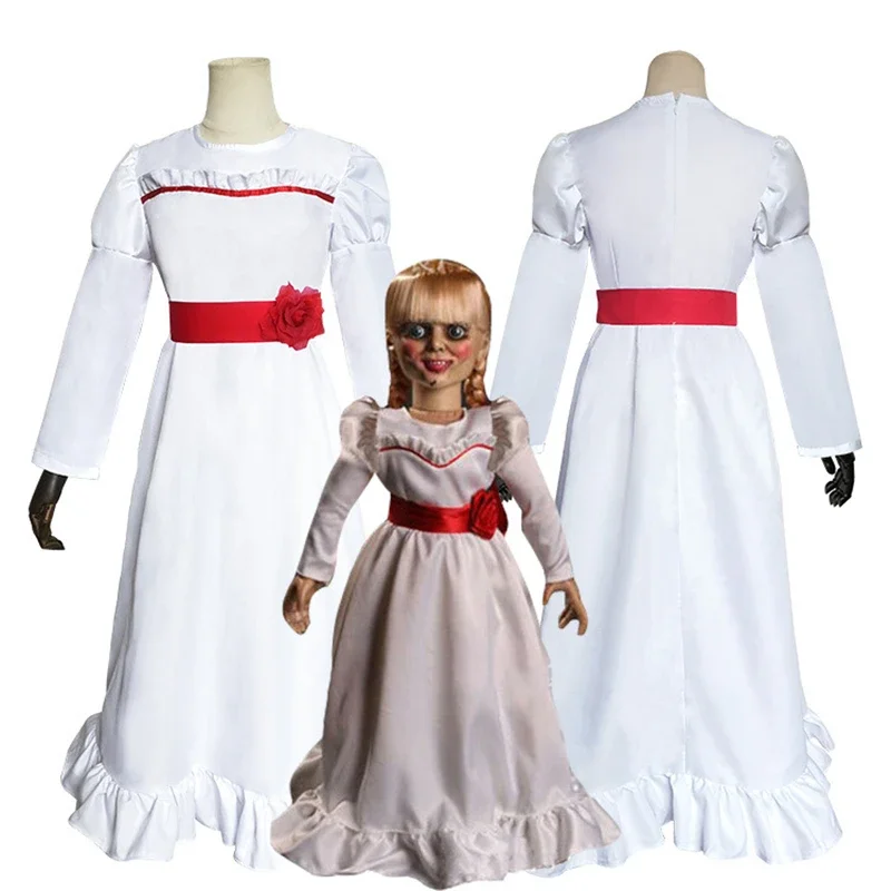 Movie Conjingdoll Annabelle Dress Costumi Cosplay Ghost Doll White Princess Dress Gonna Donna Ragazze Bambini Parrucca Capelli Halloween