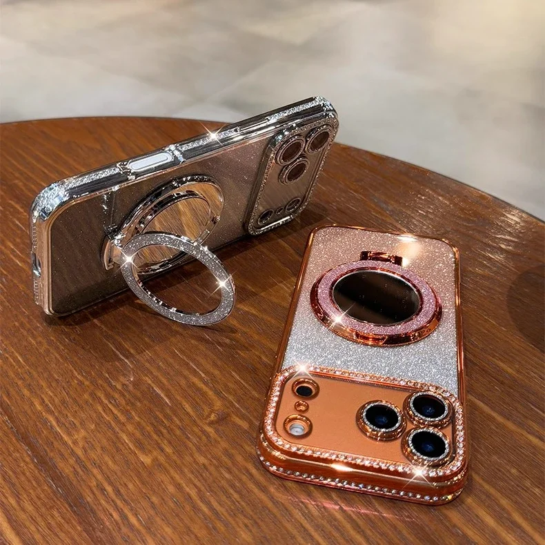 Luxury Diamond Clear Glitter MagSafe Case with Mirror Magnetic Phone Holder and Stand