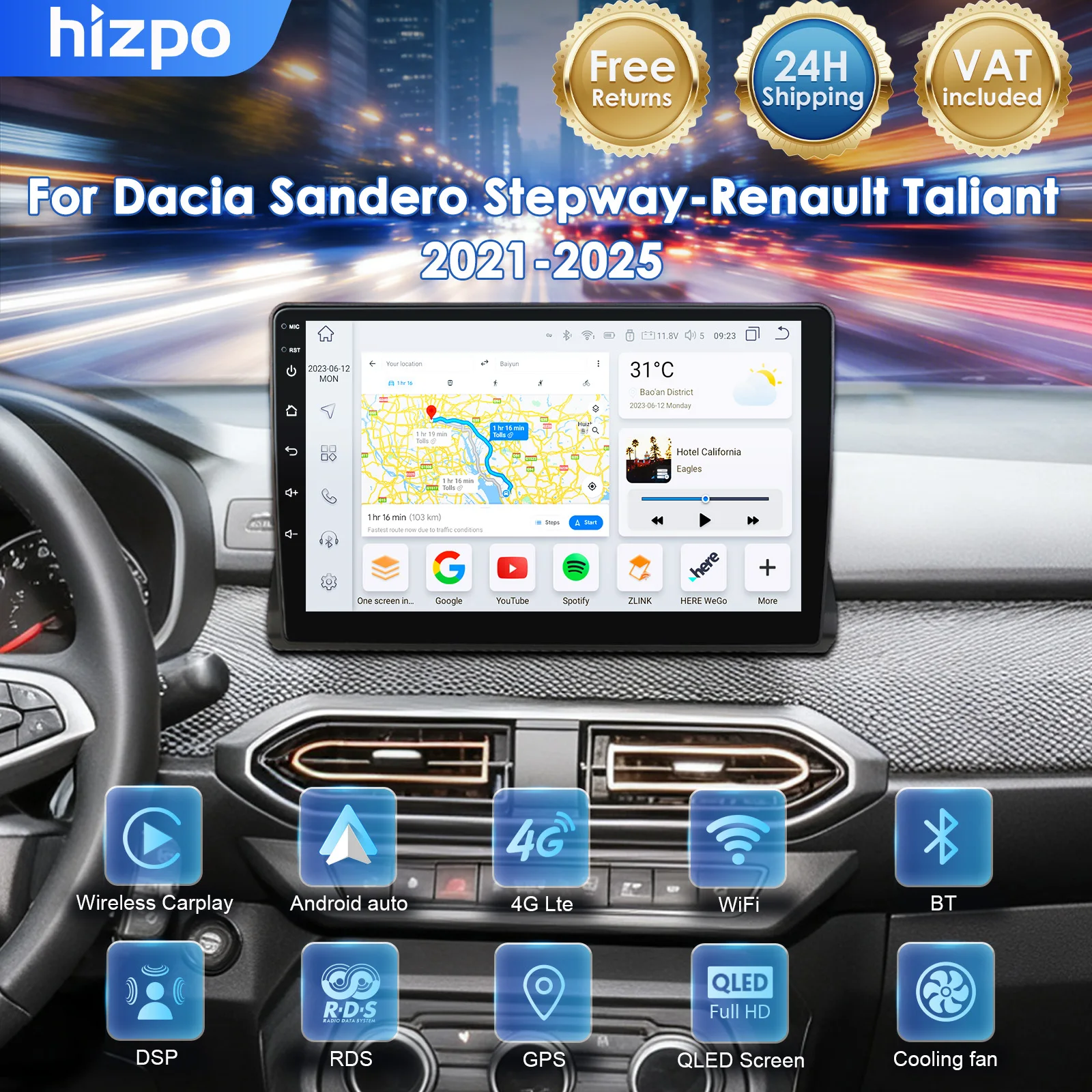 Radio para coche Hizpo de 10,1 pulgadas para Dacia Sandero Stepway-Renault Taliant 2021 - 2025, reproductor estéreo, pantalla QLED, CarPlay inalámbrico, Android Auto 7862 1