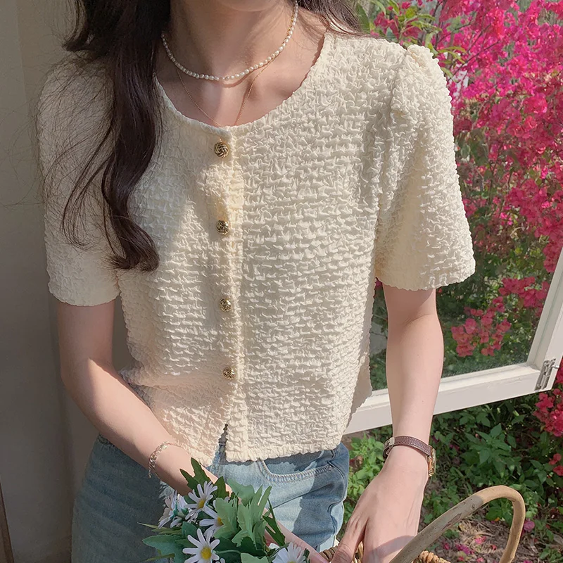 Korean Chic O-neck Short Sleeve Shirt Women Fashion Buttons Slim Short Tops Female Blouse Ladies Elegant Summer Blouses image