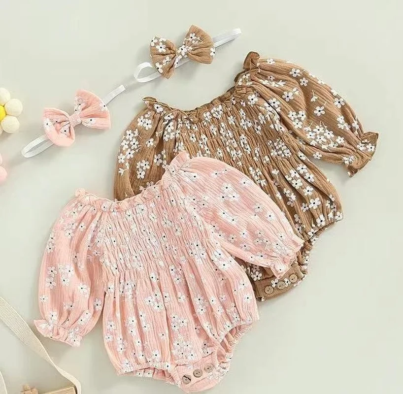 

Newborn Girl Soft Comfortaable Romper Outfits Long Sleeve Daisy Floral Printed Pleated Romper with Cute Bowknot Headband Set