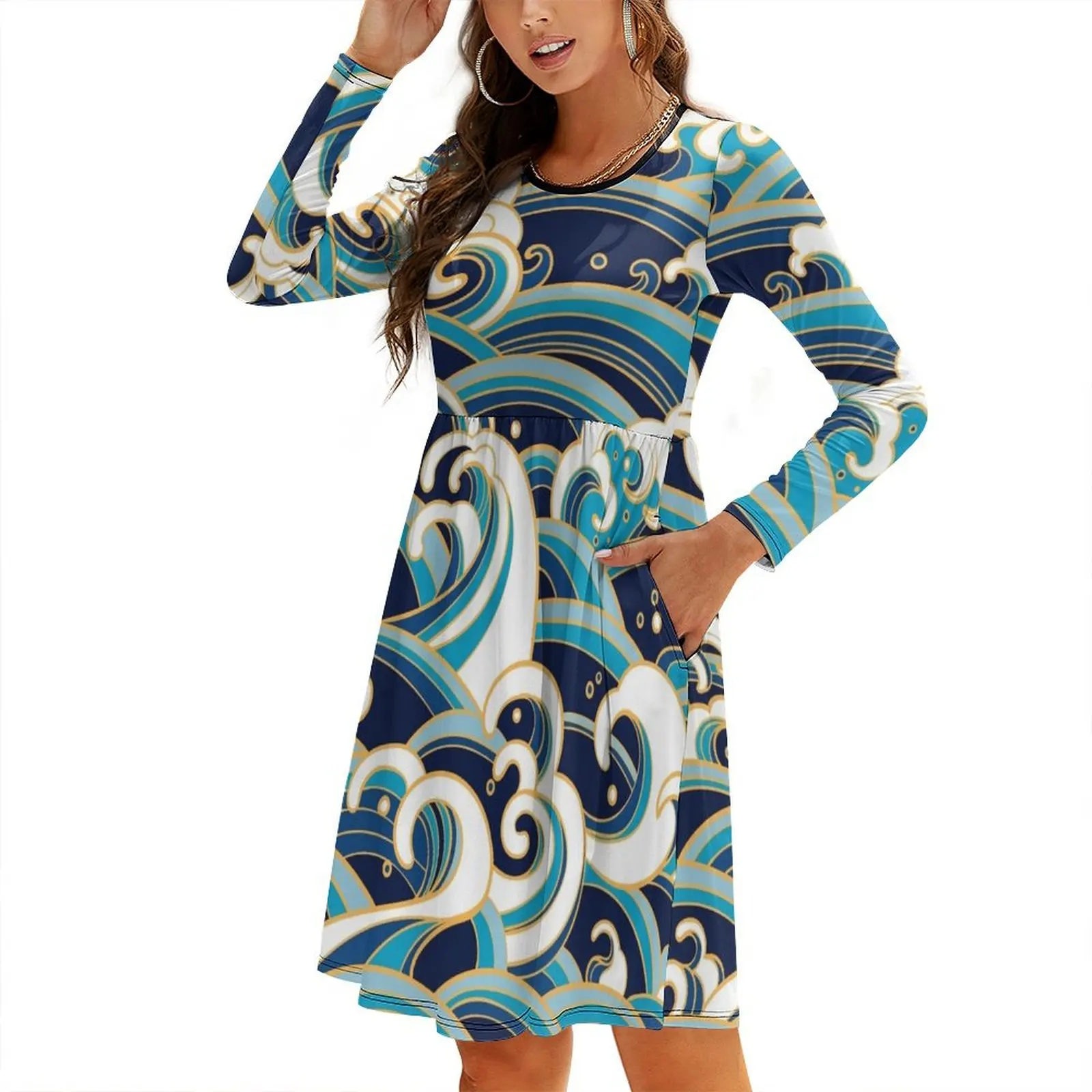 

Japanese waves Round Neck Baggy Dress sensual sexy dress for women Evening gown
