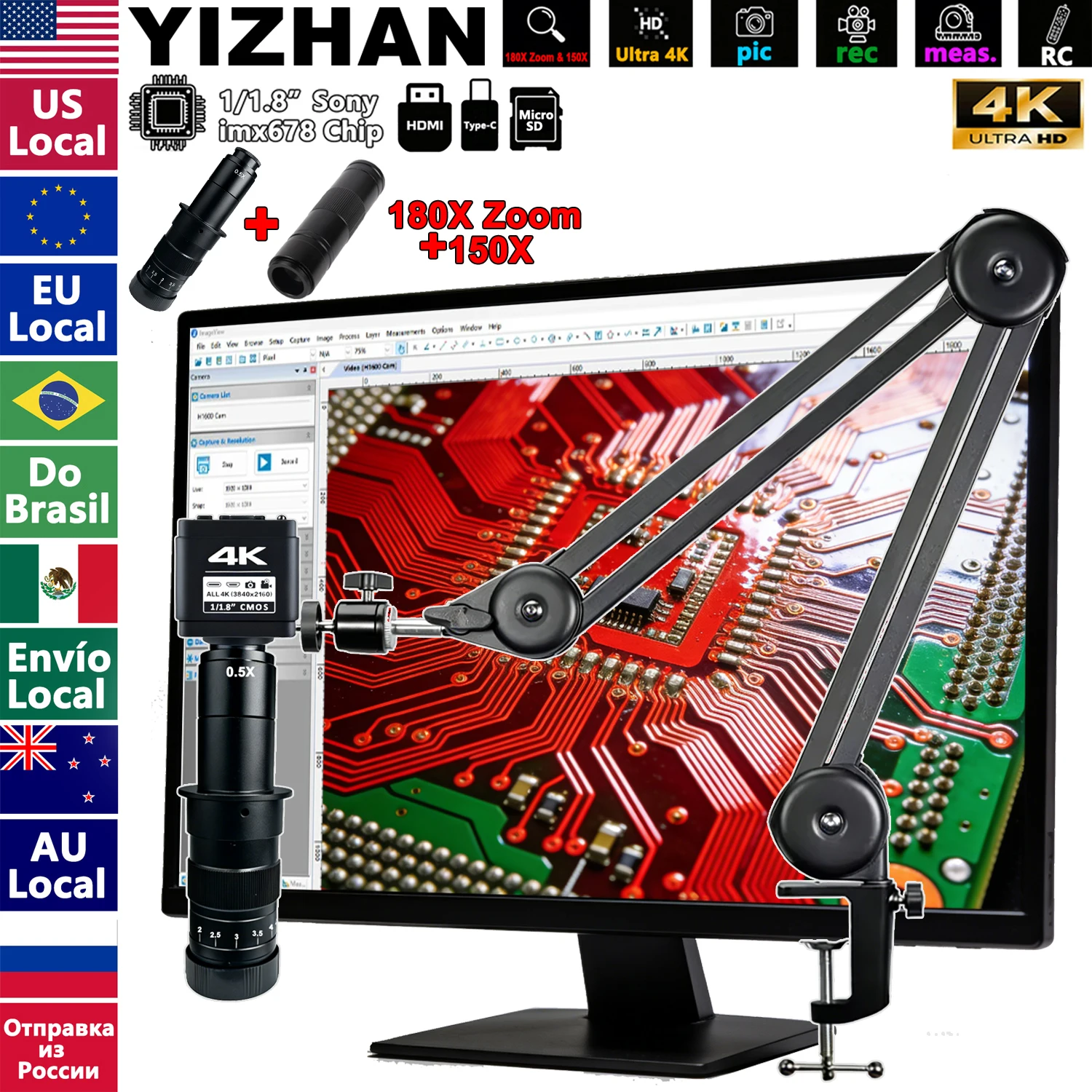 YIZHAN 4K 디지털 현미경, 1/1.8인치 imx678 센서 카메라, 180X 줌..