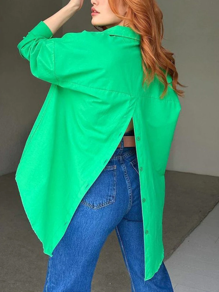 

Рубашка женская хлопковая с длинным рукавом, свободная повседневная модная однотонная блузка с разрезом, зеленая оранжевая, на лето
