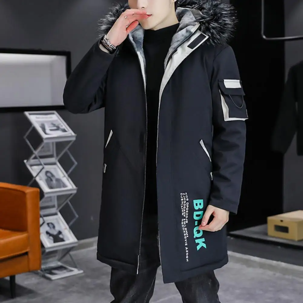 Mid-length Cotton-padded Outwear Men's Hooded Color Patchwork Jacket with Fleece Lining Warm Stylish Coat for Autumn Winter Men