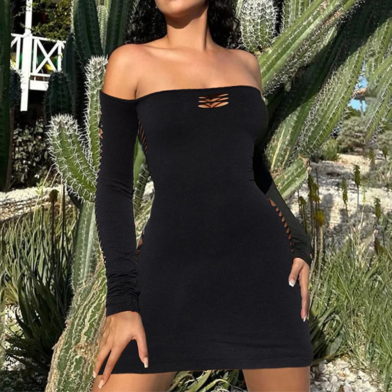 

BKLD Slash Neck Backless Hollow Out Off Shoulder Bodycon Women Trend Sexy Nightclub Party Mini Backless Dress Irregular Clothing