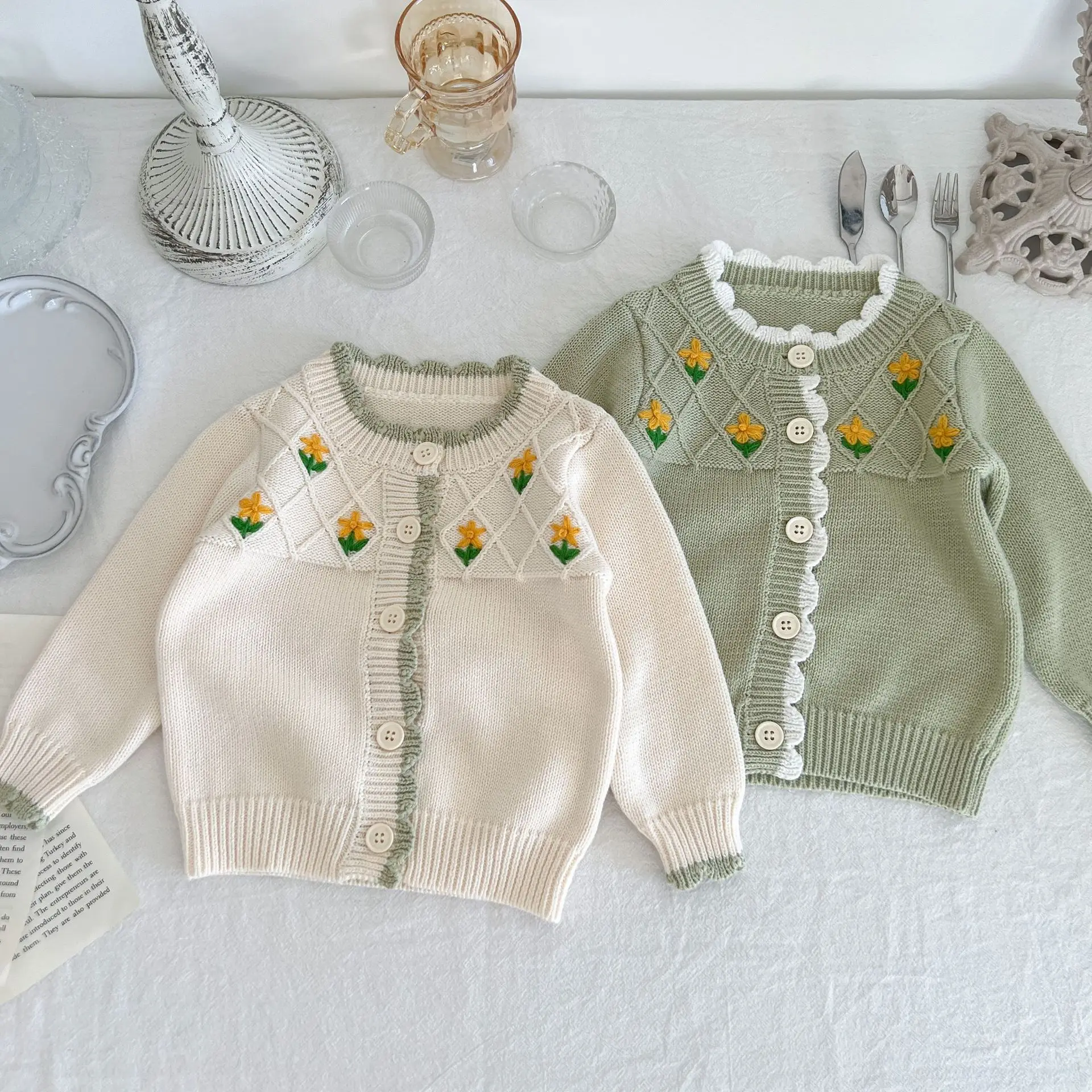 

Girl Soft Cotton Jumpsuit Kid Sweet Flower Diamond Lattice Full Sleeves Bodysuit Newborn Autumn Baby Girls Knitting Cardigan