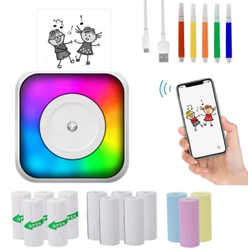 Mini Printer Sticker Pocket Printer Portable Print Pod RGB Lamp 7 Color Lighting Modes for DIY Scrapbook Travel Tes Label