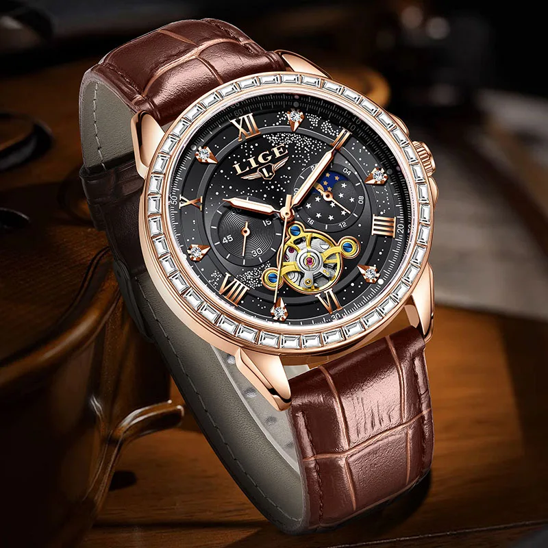 LIGE Automatic Watch For Men Fashion Brown Leather 24 hour Moon Phase Men's Mechanical Wristwatch Luminous Waterproof Watch Men