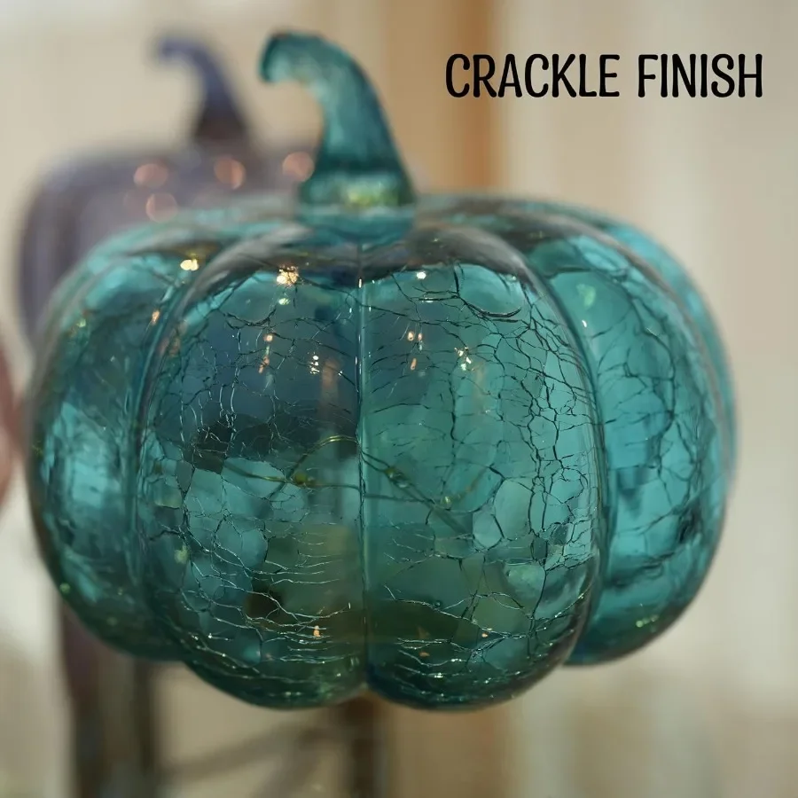 Aqua Blue Crackle Glass Pumpkin Twinkling Light with Timer for Fall and Halloween Decorations Ideal for Cozy Home Ambiance Fest