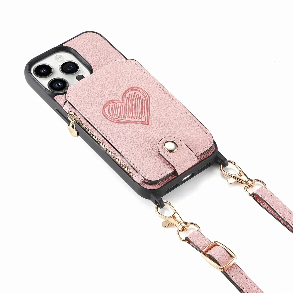 Crossbody Leather Wallet Phone Case with Magnetic Card Holder and Zipper