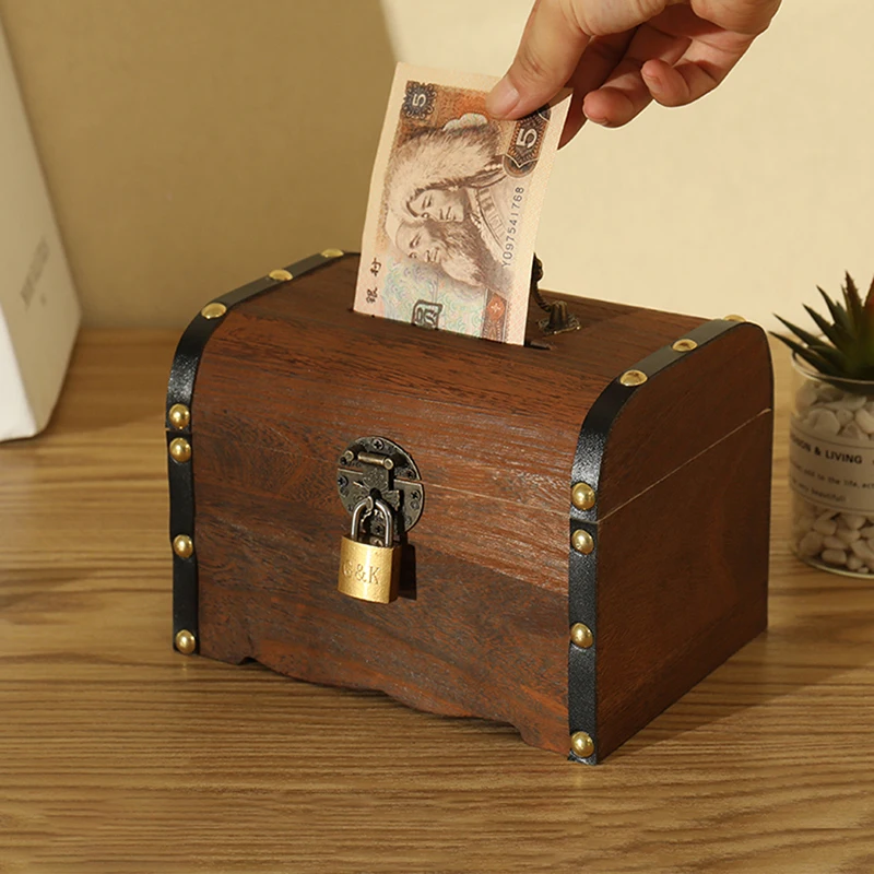 Wooden Retro Treasure Chest Piggy Bank Decorative Box With Lock, Coin, Banknote Storage Box Safe Money Box Gift 2