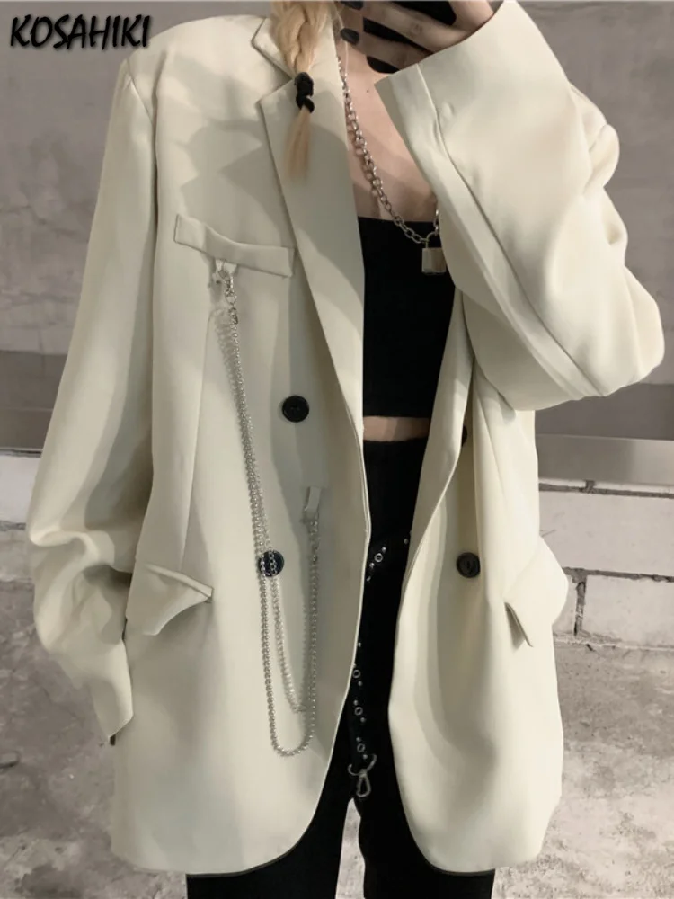 

Jacket Women Punk Gothic Fashion Solid Harajuku Spring Autumn Office Ladies Casual Loose Coat Oversized Chain Kpop Streetwear