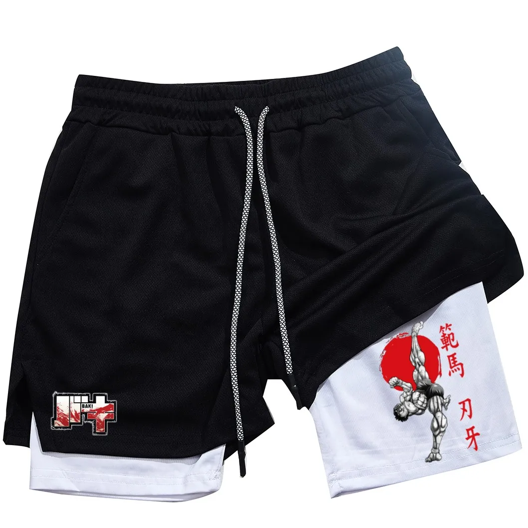 Men's and women's gym shorts, quick drying mesh shorts, animated printed Baki Hanma, sleeves, 2-in-1 5