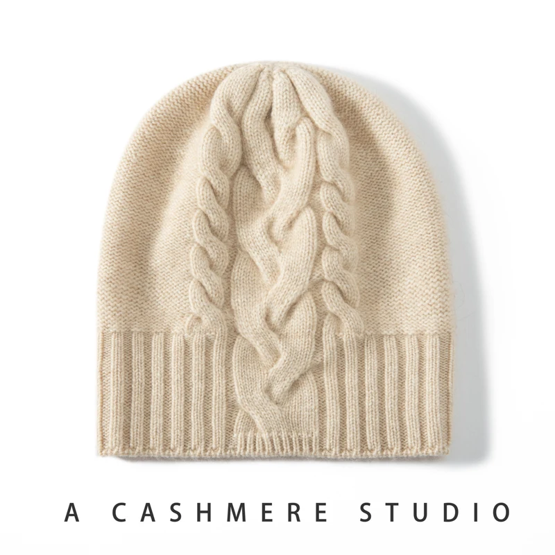 100% Pure Cashmere Hat Women Winter Knitted Twisted Flower Cap Beanies Warm Soft Knit Headgears Lady Hats Ear Protect Skullies 3