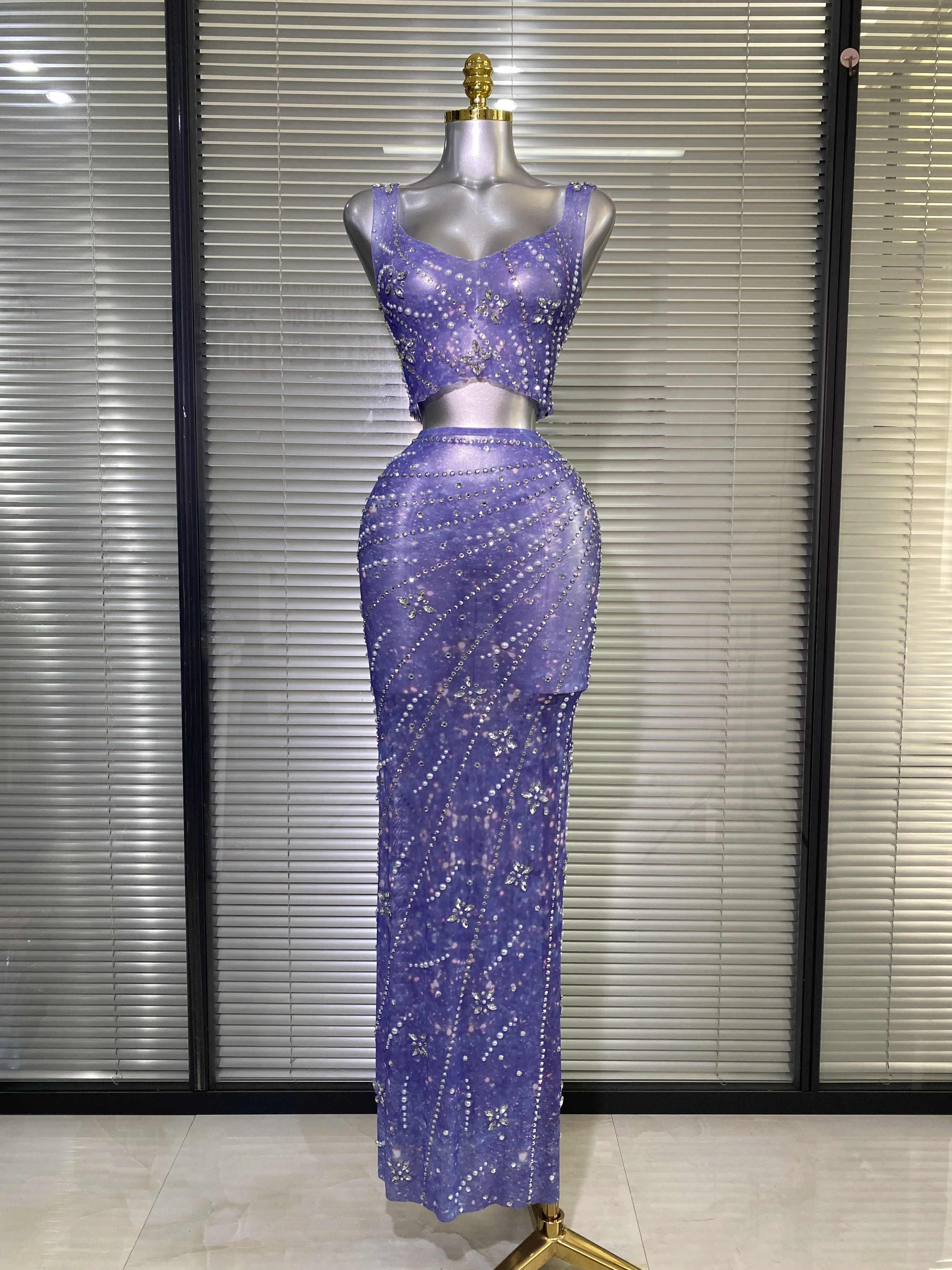 Club Outfit Two Piece Diamond Outfit After Party Crystal Two Piece Set  Evening-Ready Sparkle