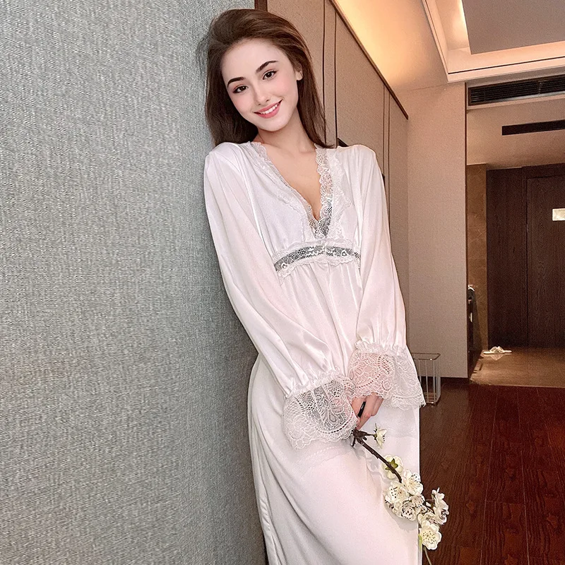 

Lace Satin Nightgown Intimate Lingerie Sexy V-Neck Sleepwear Home Clothing Women Patchwork Lace Satin Nightdress Homewear
