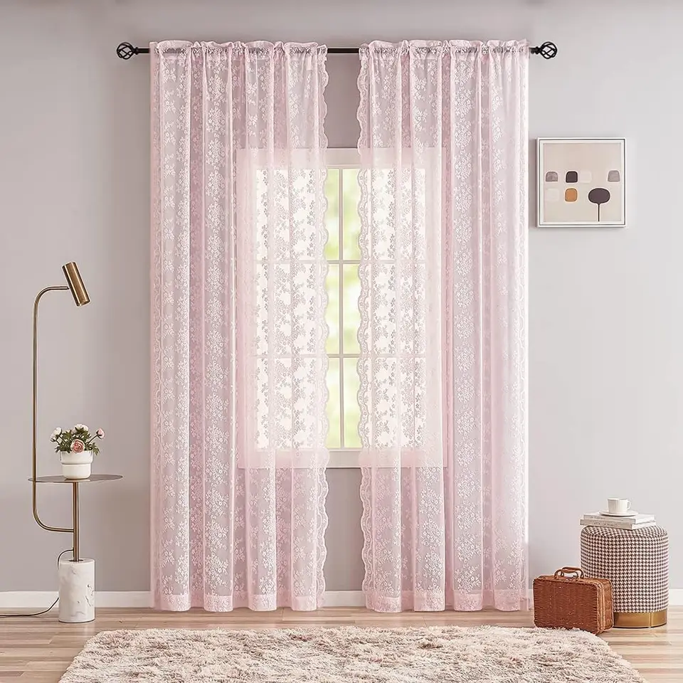 Tende Francesi Stampate Rosa, con Tende Arricciate Bianche per Camera da Letto, Tende Floreali in Pizzo per Soggiorno (Colore : 1 Pannello, Dimensioni : W1.6xH1.5m/63x59in
