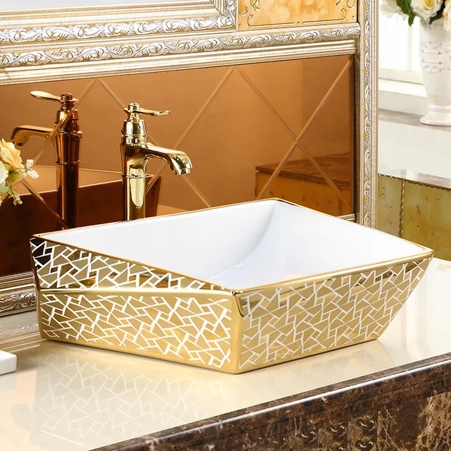 Modern Gold Electroplating อ่างล้างหน้าทองสีตาราง Art อ่างล้างหน้า Lavabo ชามหรูหราห้องน้ําอ่างล้างจาน 4