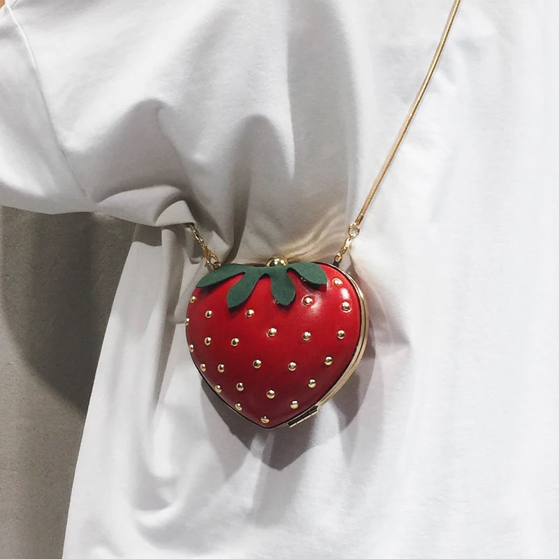 Cute Fruit Strawberry Heart Shape Pu Rivet Mini Fashion Ladies Chain Purse Clutch Bag Shoulder Bag Tote Female Flap Handbag