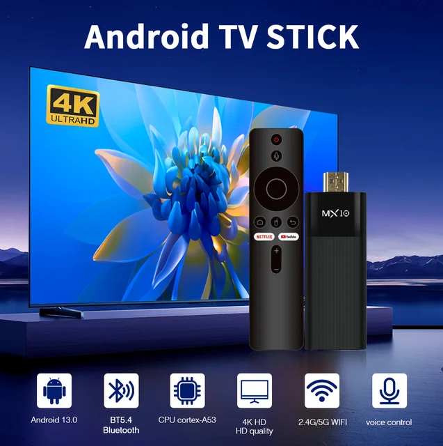 Stick TV 4K MX10 F3PRO Allwinner H313 Mali-G31 Android 13 OS TV Box Build in Wi-Fi6 2.4G+5G+BT5.4 TV Stick Consoles